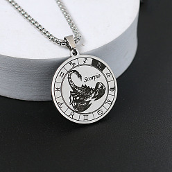 Скорпион 201 ожерелья из нержавеющей стали с цепочкой из сплава, цвет нержавеющей стали, плоский круглый узор созвездия, Скорпион, 23.62 дюйм (60 см)