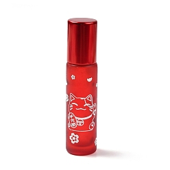 Red Glass Essential Oil Roller Bottles, with Lid and Stainless Steel Roller Balls, Refillable Bottles, Column with Fortune Cat Pattern & Chinese Character, Red, 2x8.6cm, Hole: 9.5mm, Capacity: 10ml(0.34fl. oz)