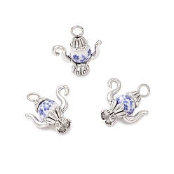 Antique Silver Handmade Flower Printed Porcelain Ceramid Links, Teapot, with Tibetan Style Alloy, Antique Silver, 21.5x19x8.5mm, Hole: 3.5mm