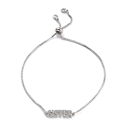 Платина Регулируемые браслеты-слайдеры с прозрачным кубическим цирконием из латуни с микропаве, Боло браслеты, с коробкой цепей, слово сестра, платина, 10-1/4 дюйм (26 см)