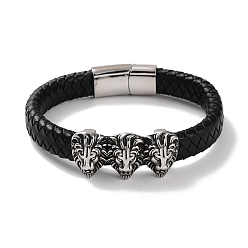 Античное Серебро Мужские плетеные черные браслеты из искусственной кожи, 3 браслеты с звеньями тигра 304 из нержавеющей стали и магнитными застежками, античное серебро, 8-3/4 дюйм (22.1 см)