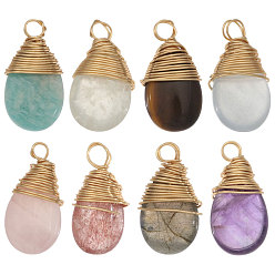 Золотой 8шт 8 стили подвески из натурального смешанного камня в форме капли, натуральный лабрадорит, амазонит, аквамарин, розовый кварц, аметист, тигровый глаз, клубничный кварц и пренит, с обмоткой из медной проволоки, золотые, 19 мм, отверстие : 2.5~3.2 мм