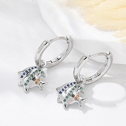 Платина Серьги-кольца из латуни с прозрачным кубическим цирконием, рыба, платина, 22x10.5x13.5 мм