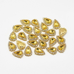Topaz Sew on Rhinestone, Multi-strand Links, Glass Rhinestones, with Brass Findings, Garments Accessories, teardrop, Golden, Topaz, 17.5x12.5x5.5mm, Hole: 1mm