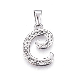 Letter C 304 Stainless Steel Pendants, with Rhinestone, Letter, Letter.C, 23x16x2mm, Hole: 3~3.5x7.5~8mm