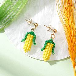 Золотой Кукуруза 304 нержавеющая сталь класса А круглые стеклянные бусины висячие серьги-гвоздики, золотые, 37x15 мм
