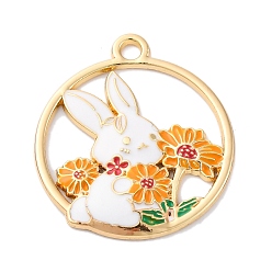 Оранжевый Подвески из эмали и сплава, без кадмия, без никеля и без свинца, стойки покрытие, золотые, Плоская круглая подвеска с кроликом и цветком, оранжевые, 30x26.5x2.5 мм, отверстие : 2.3 мм