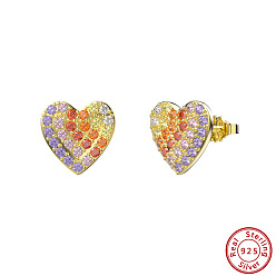 Real 14K Gold Plated Heart 925 Sterling Silver Stud Earrings, with Colorful Cubic Zirconia, with S925 Stamp, Real 14K Gold Plated, 9x9mm