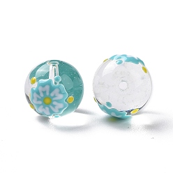 Flower Transparent Glass Beads, with Enamel, Round, Sky Blue, Flower Pattern, 14~15x13~13.5mm, Hole: 1.5~1.6mm