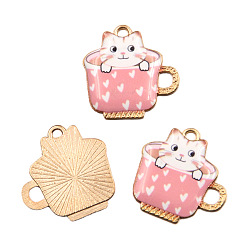 Pink Подвески из эмалевого сплава с покрытием из легкого золота, чашка чая, очарование кошки, розовые, 23x23 мм, отверстие : 1 мм