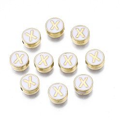 Letter X Бисера эмали сплава, без кадмия и без свинца, золотой свет, плоско-круглые с алфавитами , белые, letter.x, 8x4 мм, отверстие : 1.5 мм