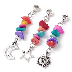 (52) Непрозрачная лаванда Подвески с окрашенной синтетической бирюзой, с сплава прелести, луна/звезда/солнце, разноцветные, 55.5~57 мм, отверстие : 3 мм, 3 шт / комплект.