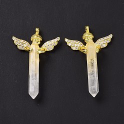 Quarzkristall Natürlicher Quarzkristall, facettiert, doppelseitig, spitze, große Anhänger, Bergkristall, Engel Charme, mit goldenen Messing Zubehör, 54~56x34~36x11~12 mm, Bohrung: 3 mm