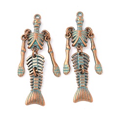Skeleton Подвески из сплава , Хэллоуин, красная медь и зеленая патина, скелет, 49x15x3 мм, отверстие : 1.5 мм