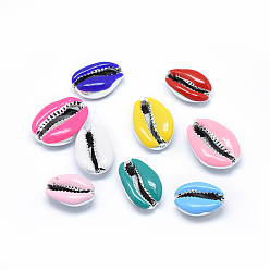 Mixed Color Electroplated Cowrie Shell Beads, with Enamel, Undrilled/No Hole Beads, Platinum, Mixed Color, 19~25x14~18mm