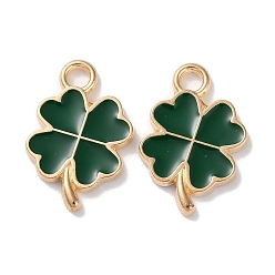 Темно-Зеленый Подвески из эмали и сплава, клевер амулеты, темно-зеленый, 19x12x1.5 мм, отверстие : 2.2 мм