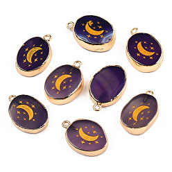 Фиолетовый Природные подвески агат, с краем из латуни с покрытием из светлого золота и петлями из иорна, Золотой порошок, окрашенная и подогревом, овал с лунным шармом, фиолетовые, 23~24x15~16.5x4~6.5 мм, отверстие : 1.6 мм