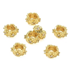Oro Micropave de latón transparente perlas de circonio cúbico, plano y redondo con flor, chapado en rack, larga duración plateado, sin plomo y cadmio, dorado, 7.5x8x4.5 mm, agujero: 3.8 mm