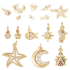 Настоящее золото 18K 8 шт 8 стили латунные подвески из микропаве с фианитом, прелести смешанных форм, стойки покрытие, долговечный, без кадмия и без свинца, с целью перехода в кольце, реальный 18 k позолоченный, 6~27.5x5~27x2~4 мм, отверстие : 3.5 мм, 1 шт / стиль