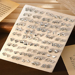 Платина 50пары комплектов серег-гвоздиков из сплава с кристаллами и стразами, разнообразные, платина, 150x110 мм