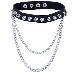 Черный 1Ожерелье-чокер в готическом стиле из искусственной кожи с шипами и заклепками, с трехслойными цепями из сплава, платина, чёрные, 16.54 дюйм (42 см)