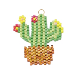 Зеленый Подвески в виде кактусов из стеклянных бус, с 304 кольцами из нержавеющей стали, реальный 18 k позолоченный, зелёные, 31.5x30.5x2 мм, отверстие : 3 мм