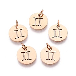 Близнецы 304 прелести нержавеющей стали, плоский круглый с созвездием / знак зодиака, розовое золото , Близнецы, 12x1 мм, отверстие : 3 мм