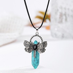 Синтетическая Бирюза Богемный кулон в виде заостренной стрекозы из нержавеющей стали с синтетическим бирюзовым камнем, ожерелье из черной искусственной кожи., цвет нержавеющей стали, 17.32 дюйм (44 см)