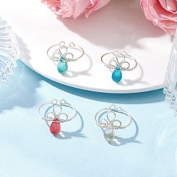 Серебро 4шт. стеклянные открытые манжеты-кольца для женщин, с медной проволокой, обмотанной, цветок с каплей, серебряные, 17x11.5 мм, внутренний диаметр: регулируемый