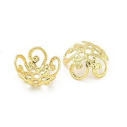 Настоящее золото 18K Стойки обшивки латунь крышки шарика, долговечный, без кадмия и без свинца, цветок, реальный 18 k позолоченный, 4.5x10.5x10.5 мм, отверстие : 1.3 мм