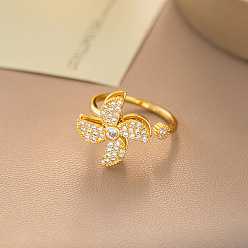 Золотой Вращающиеся латунные кольца-манжеты с микропаве из кубического циркония, ветряная мельница, Кольцо-спиннер для успокоения беспокойства, медитации, золотые, размер США 4 1/4~14 (15~23 мм)