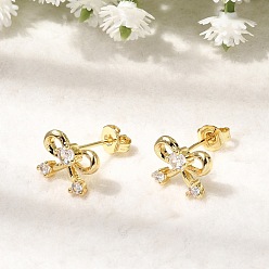 Настоящее золото 18K Женские серьги-гвоздики из латуни с микро-паве и бантом из прозрачного кубического циркония, без кадмия и без свинца, долговечный, реальный 18 k позолоченный, 8x11 мм