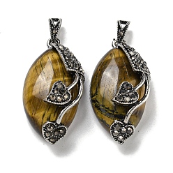 Тигровый глаз Подвески из натурального тигрового глаза с конским глазом, подвески в форме сердца из сплава со стразами и листьями, античное серебро, без кадмия и без свинца, 31x16x11.5 мм, отверстие : 5x3 мм