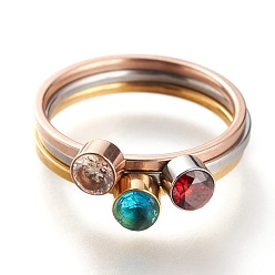 Mixed Color 304 Stainless Steel Finger Rings, Stackable Rings, with Rhinestone, Flat Round, Rose Gold, Mixed Color, US Size 7~7 3/4(17.3~17.9mm), 3pcs/set