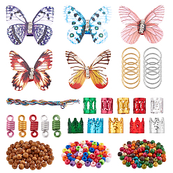 Mixed Color DIY Hair Styling Tools, with Iron Open Jump Rings, Acrylic European Beads, Natural Wood Beads, Aluminum Hair Coil Cuffs and Hair Braiding String, Mixed Color, 457pcs/set, Ring: 40pcs/set, Beads: 300pcs/set, Cuffs: 105pcs/ste, Braiding String: 12pcs/set