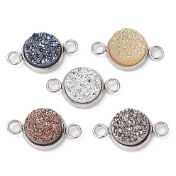 Stainless Steel Color Resin Imitation Druzy Agate Connector Charms, 304 Stainless Steel Flat Round Links, Stainless Steel Color, 10x15.5x4mm, Hole: 2mm