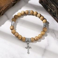 Цвет Древесины Браслеты с подвесками из сплава крестиков, Браслеты из натурального дерева с круглыми бусинами для мужчин и женщин, деревесиные, внутренний диаметр: 2-1/4 дюйм (5.75 см)