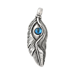 Античное Серебро 316 хирургические подвески из нержавеющей стали, перо с глазом, с кошачий глаз бисера, ионное покрытие (ip), античное серебро, 74x24.5x9.5 мм, отверстие : 4.5x8 мм