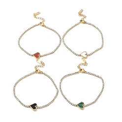 Mixed Color PVD Vacuum Plating 304 Stainless Steel Heart Link Bracelet, with Rhinestone Cup Chains, Acrylic/Synthetic Malachite/Shell, Mixed Color, 7-1/4 inch(18.5cm)