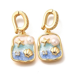 Звезда Подвески из латуни с микропаве из циркония, с эмалью и натуральным жемчугом, реальный 18 k позолоченный, стойки покрытие, без свинца и без кадмия, звезда, 17.5x13.5x5 мм, отверстие : 7.5x5 мм