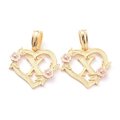 Letter X Настоящие 18 к позолоченные латунные подвески, сердце с алфавитом, letter.x, 18x20x3 мм, отверстие : 6.5x3 мм