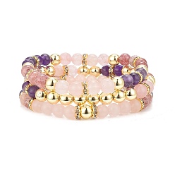Gemischte Stein Runde Stretch-Armbandsets mit Edelsteinen, Armbänder aus Messing-Strassperlen für Damen, Innendurchmesser: 2-1/8 Zoll~2-1/4 Zoll (5.3~5.6cm), 3 Stück / Stil