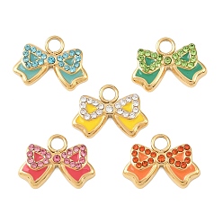 Настоящее золото 18K 304 подвески из нержавеющей стали, бантом, с эмалью и стразами, ионное покрытие (ip), реальный 18 k позолоченный, 11x15x3 мм, отверстие : 2.5 мм