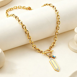 Golden 304 Stainless Steel Micro Pave Clear Cubic Zirconia Hexagon Blue Rhombus Pendant Necklaces with OT Clasps for Women, Golden, 19.69 inch(50cm)