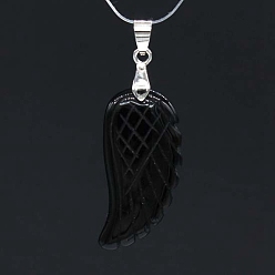 Black Onyx Natural Black Onyx Pendants, with Platinum Tone Brass Findings, Dyed & Heated, Wing, 35x17mm