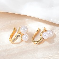 Золотой Круглые латунные серьги-каффы с микропаве из прозрачных кубических цирконий, с пластиковой имитационной жемчужиной, золотые, 15.5x16x11.5 мм