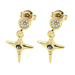 Black Star Golden Brass Dangle Stud Earrings, with Enamel and Cubic Zirconia, Black, 20x10.5mm