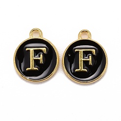 Letter F Подвески из позолоченного сплава, без кадмия и без свинца, с эмалью, эмалированные блестки, плоские круглые с буквы, чёрные, буква f, 14x12x2 мм, отверстие : 1.5 мм
