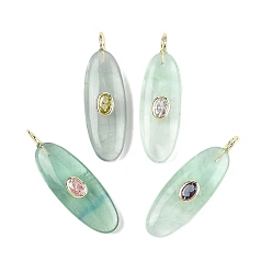 Флюорит Естественный зеленый подвески флюорита, Овальные подвески с латунной микро-паве из кубических цирконий (случайного цвета), золотые, 42x13.5x7.5 мм, отверстие : 2.5x4 мм