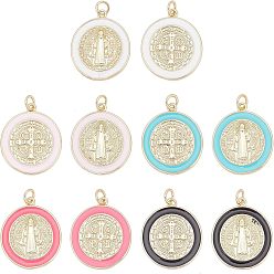 Mixed Color 10Pcs 10 Style  Brass Enamel Pendants, with Jump Ring, Real 18K Gold Plated, Long-Lasting Plated, Flat Round with Cross or Saint, Mixed Color, 23x20.5x2mm, Hole: 3mm, 1pc/style